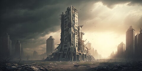A vision of ruined city structures after an apocalypse, Generative AI