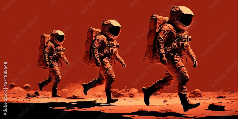 Wall mural astronauts on mars exploring the red planet by foot, generative ai