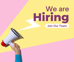 We are hiring. Join our team. Business vacancy announcement. A person holding a megaphone with a...
