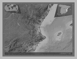 Comunidad Valenciana, Spain. Grayscale. Labelled points of cities