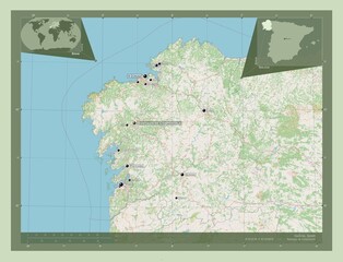 Galicia, Spain. OSM. Labelled points of cities