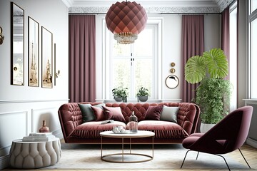 Modern living room with confortable burgundy sofa. Interior design. Generative AI