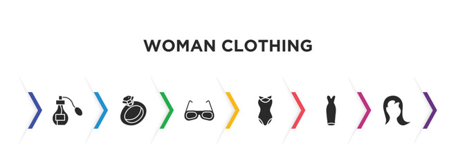 woman clothing filled icons with infographic template. glyph icons such as parfume, diamond ring, glasses, female swimsuit, strapless tube dress, female long hair vector.