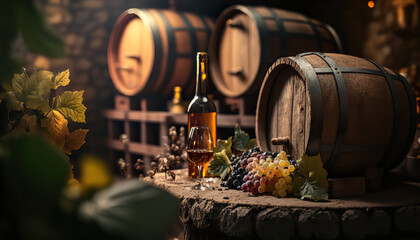 Fototapeta premium Illustration of wine cellar with big barrels, winery concept indoor background. AI generative image.