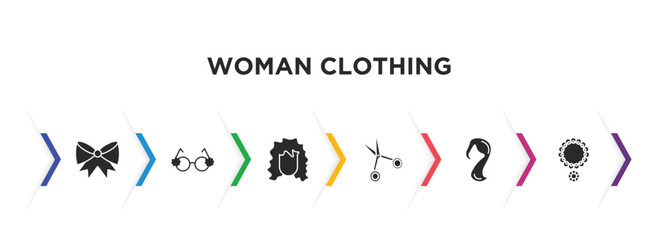woman clothing filled icons with infographic template. glyph icons such as bow black, round eyeglasses, human black hair, scissors inverted view, female long black hair, necklace vector.