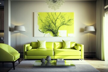 Modern living room with confortable sofa. Interior design. Generative AI