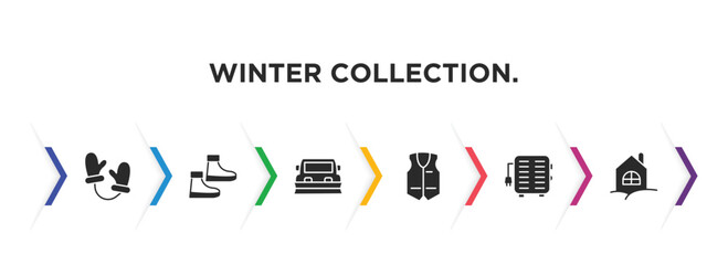winter collection. filled icons with infographic template. glyph icons such as mittens, snowshoes, snowplow, anorak vest, electric heater, chalet vector.