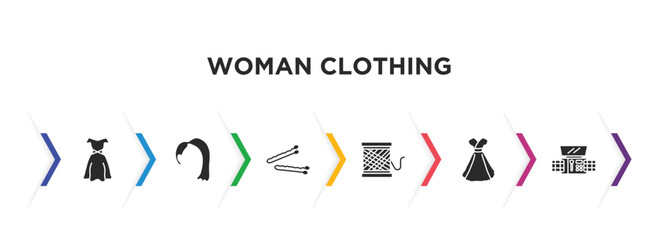 woman clothing filled icons with infographic template. glyph icons such as female sexy dress, hair wig with side, hair clip tool, thread spool, female dress, eyes shades makeup vector.