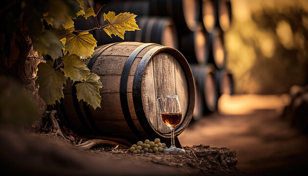 Barrel of wine with wineglass, winery concept background. AI generative image.