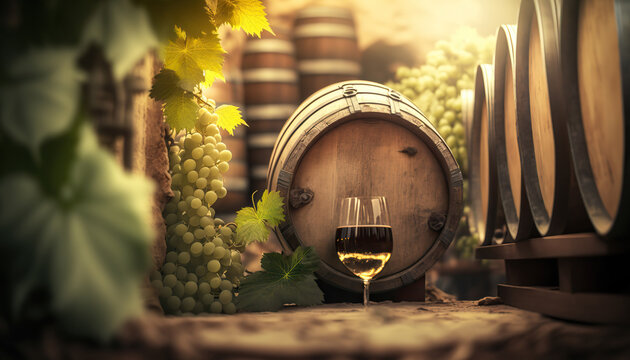 Barrel of wine with wineglass, winery concept background. AI generative image.