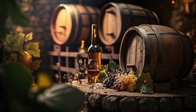 Illustration of wine cellar with big barrels, winery concept indoor background. AI generative image.