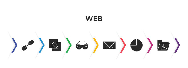 web filled icons with infographic template. glyph icons such as interlinked web, overlay, circular glasses, message closed envelope, circular graphic, download file vector.