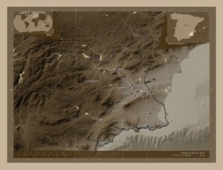 Region de Murcia, Spain. Sepia. Labelled points of cities