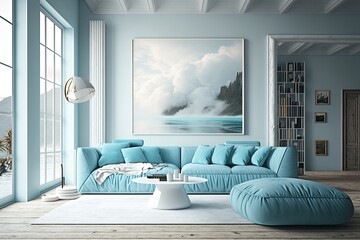 Modern living room with confortable light sky blue sofa. Interior design. Generative AI