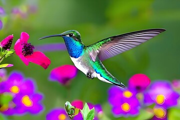 Fototapeta na wymiar exotic colibri, hummingbird on a flower, tropic garden with beautiful multicolor bird, digital illustration. Generative AI