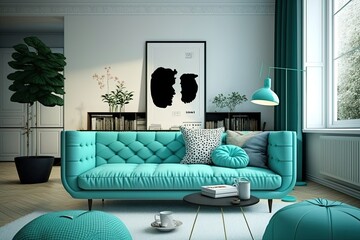 Modern living room with confortable turquoise sofa. Interior design. Generative AI