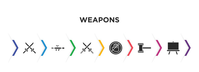 weapons filled icons with infographic template. glyph icons such as two katanas, bazooka, 2 katanas, no arms, thor hammer, boards vector.