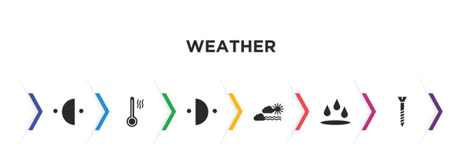 weather filled icons with infographic template. glyph icons such as last quarter, hot, first quarter, calm, deluge, bolt vector.
