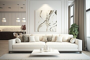 Modern living room with confortable white sofa. Interior design. Generative AI
