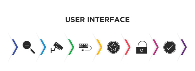 user interface filled icons with infographic template. glyph icons such as zoom out, vigilance, usb port, favorites button, unblocked, check square vector.