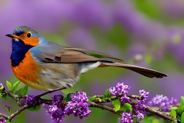 Robin bird in Spring season on a tree branch covered with purple flowers. Generative AI