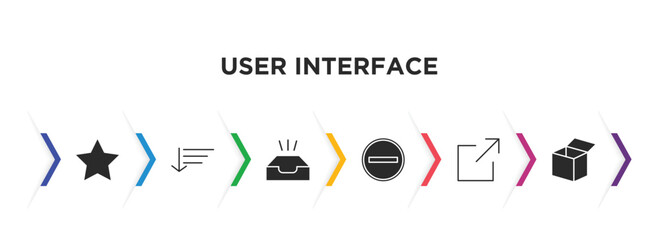 user interface filled icons with infographic template. glyph icons such as favourite, sort down, empty, subtraction, export, open box vector.
