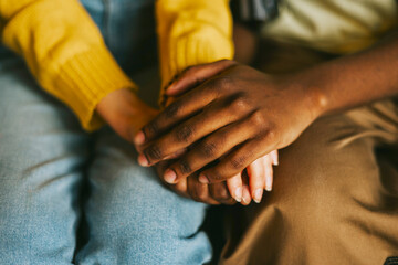 couple caucasian girl and young african american man, friends support each other in difficult times, mental health and support, treatment of depression, care and attention, people of different races
