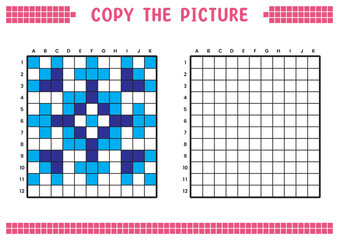 Copy the picture, complete the grid image. Educational worksheets drawing with squares, coloring areas. Preschool activities, children's games. Vector illustration, pixel art. Blue crystal snowflake.