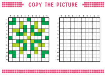 Copy the picture, complete the grid image. Educational worksheets drawing with squares, coloring areas. Preschool activities, children's games. Vector illustration, pixel art. Green abstract flower.