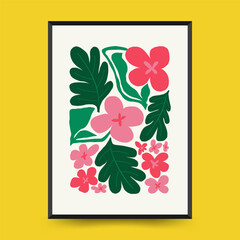 Abstract floral posters template. Modern trendy Matisse minimal style. Pink and blue colors. Hand drawn design for wallpaper, wall decor, print, postcard, cover, template, banner. 