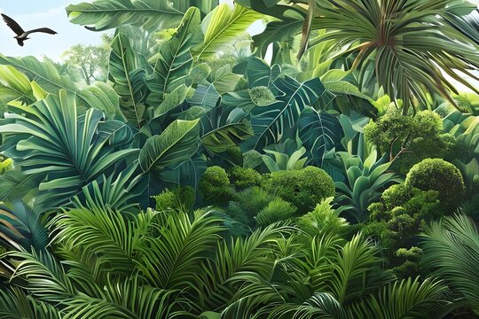 Tropical wallpaper background with plants and birds. Generative AI