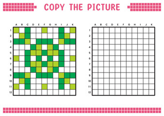 Copy the picture, complete the grid image. Educational worksheets drawing with squares, coloring areas. Preschool activities, children's games. Vector illustration, pixel art. Abstract green flower.
