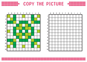 Fototapeta premium Copy the picture, complete the grid image. Educational worksheets drawing with squares, coloring areas. Preschool activities, children's games. Vector illustration, pixel art. Abstract green flower.