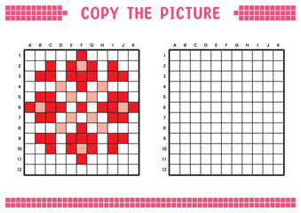 Copy the picture, complete the grid image. Educational worksheets drawing with squares, coloring cell areas. Preschool activities, children's games. Vector illustration, pixel art. Pink red flower.