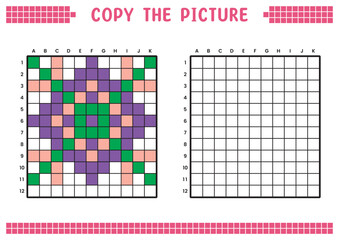 Copy the picture, complete the grid image. Educational worksheets drawing with squares, coloring areas. Preschool activities, children's games. Vector illustration, pixel art. Colorful flower.
