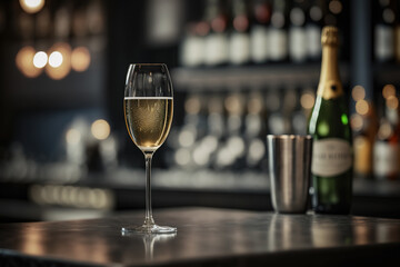 A glass of the champagne or white wine is placed on the counter with background of luxury bar place. Generative Ai image.	
 - obrazy, fototapety, plakaty