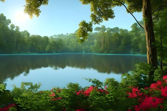 wallpaper of forest landscape with lake, plants, trees, roses, birds, peacocks, butterflies and insects. Generative AI