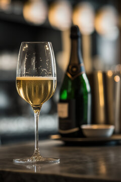 A glass of the champagne or white wine is placed on the counter with background of luxury bar place. Generative Ai image.	
