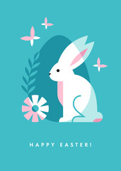 Easter flat illustration with bunny, egg shape, floral elements and butterflies.  - 574990330