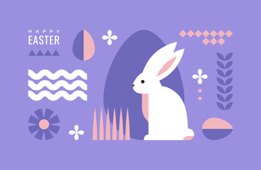 Easter horizontal background with bunny, eggs and abstract geometric shapes. - 574990332