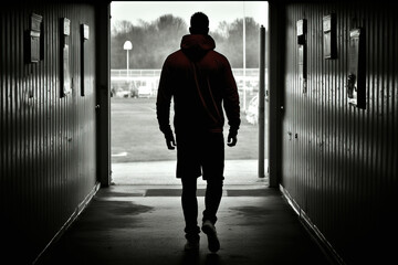 A football player is walking in the player tunnel out to the football pitch. Sport in challenge moment concept scene. Generative Ai image.	
