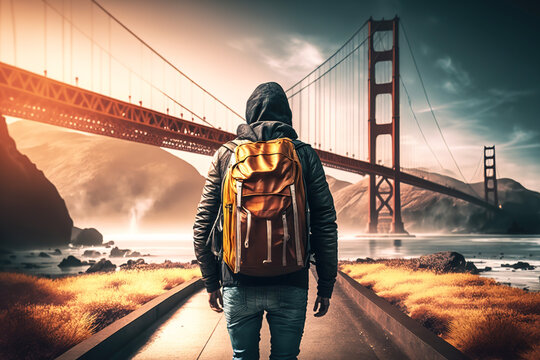 A backpacker with backpack is standing on the Golden Gate bridge background, the landmark of USA. Travel and journey scene. Generative Ai image.