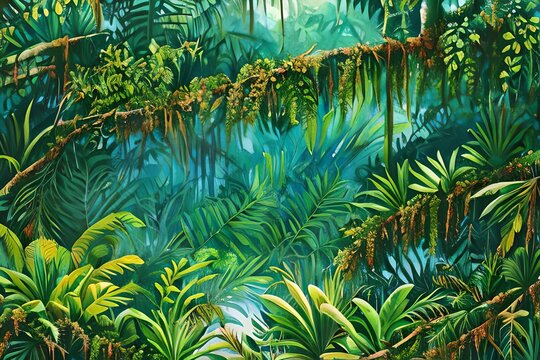 Watercolor pattern wallpaper, digital painting of the Amazon forest landscape, and a picturesque natural environment, in harmonious colors. Generative AI