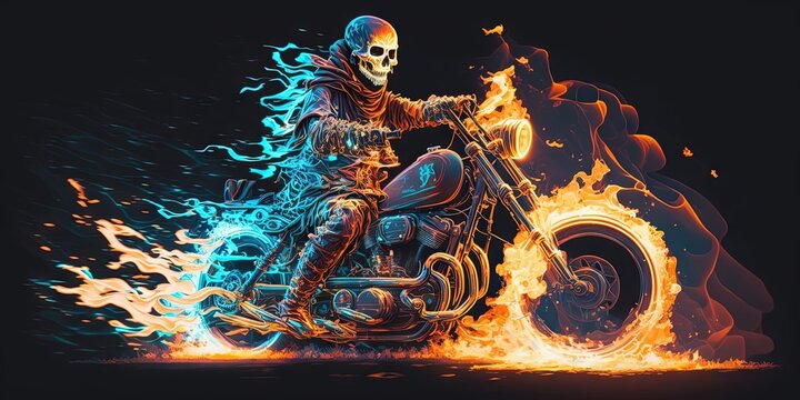 A frightening specter of a biker riding a motorcycle with a fiery skeleton rider mounted on it, Generative AI