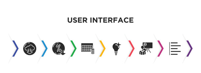user interface filled icons with infographic template. glyph icons such as download from the cloud, less percentage, table for data, new idea, person explaining data, justified vector. - obrazy, fototapety, plakaty