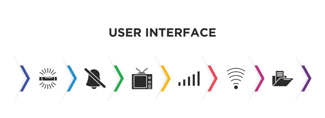 user interface filled icons with infographic template. glyph icons such as fluorescent, disable alarm, eighties, level, , data folder vector.