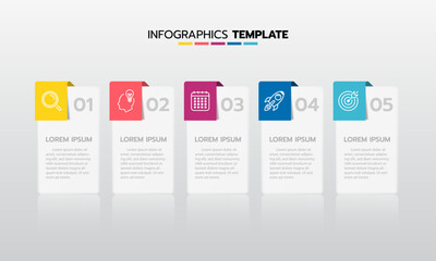 Business infographic template process with simple geometry square, rectangle, circle, triangle, curves in flat design template with thin line icons and 5 options or steps. Vector illustration.