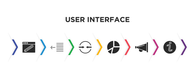 user interface filled icons with infographic template. glyph icons such as gross pencil, text out, opposition, pie chart organization, amplified speaker, information button vector.