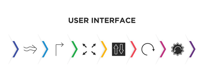 user interface filled icons with infographic template. glyph icons such as undulating arrow, right arrow with turn, size, elevator arrows, rotating arrows, downward rotation vector.