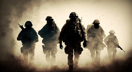 Group of Soldiers Running through a desert, Military Tactical Special Squad Special Forces Unit, Equipped Armed Soldiers, Full Gear, Wartime, Battlefield Epic Scene concept art